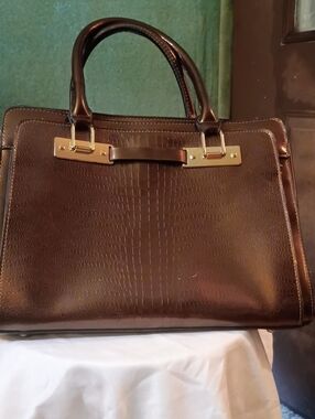 Classic Womens Red Sky Brown Metallic Faux Crocodile Satchel